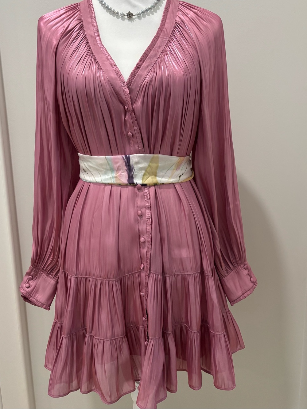 Cinq a Sept Pleated Pink Button-Front Mini Tunic Dress, Size 2 Wedding Cocktail